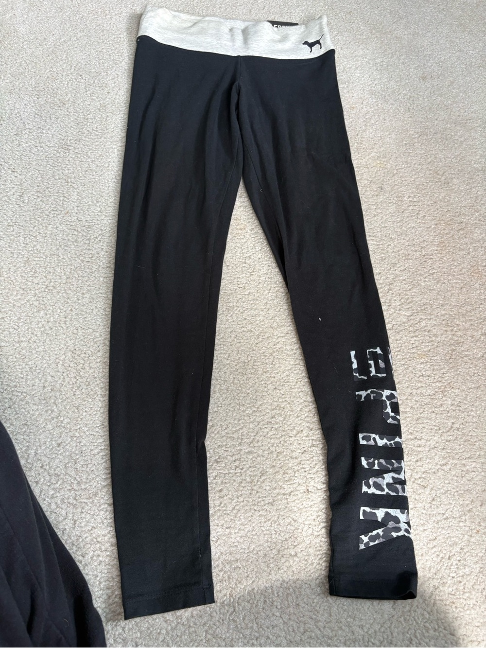 PINK Victoria's Secret Black Leggings with White Waistband and White Logo